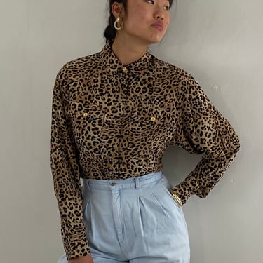 90s silk cheetah blouse  / vintage silk animal print cheetah patch pockets blouse shirt | S M 