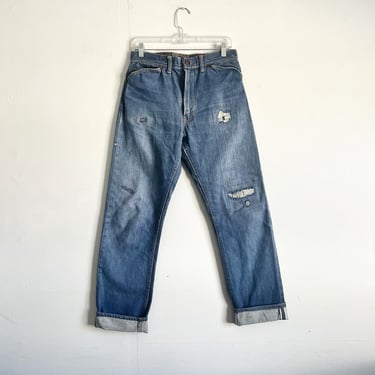 Vintage 50s Genuine Roebucks Selvedged Denim Redline Jeans Distressed Great Fades Farm Style Repairs Western Cowboy Size 30 waist 