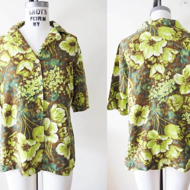 Vintage 60s Tropical Womens Hawaiian Shirt M L  - 1960s Brown Acid Green Floral Print Vacation Tiki Button Up blouse 
