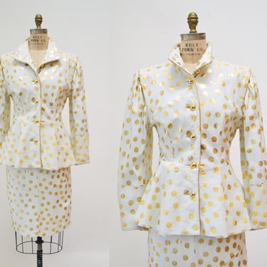 80s Vintage White Gold Polka Dot Leather Jacket and Skirt Set Jacket Lillie Rubin Medium Large 80s Glam Wedding Leather Suit Jacket Skirt 