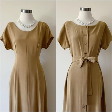 vintage silk dress button down shirt dress maxi dress sun dress khaki midi dress minimalist 90s retro vintage style tied dress size M 