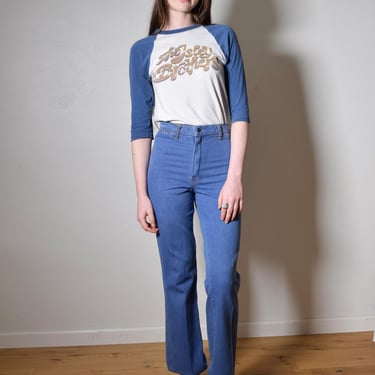 Vintage 1970s Soft + Faded High Waist DISCO Embellished STUDDED Bohemian Boot Cut Cotton Jeans Pants W26 