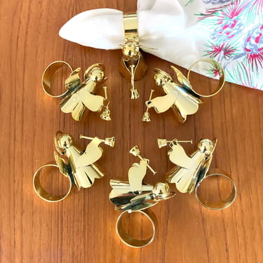 angel napkin rings shiny brass tone set of 6 with trumpet horns 