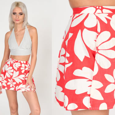 60s Floral Skort Red Mod Mini Skirt 70s High Waisted Culottes Skirt Hawaiian Flower Print White Hippie Boho Retro 1960s Vintage 2xs xxs 23 