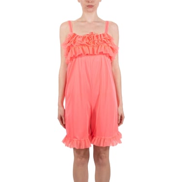 1960S Hot Pink Nylon Tricot Jersey Lingerie Romper With Ruffles 