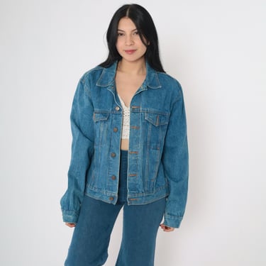 Vintage 90s Denim Jacket Button up Blue Jean Jacket Boyfriend Retro Basic Plain Biker Trucker 1990s Medium M 