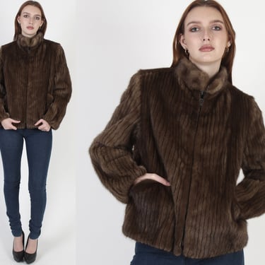 80s Natural Brown Mink Coat, Corded Fur Bomber Jacket, Zip Up Front, Vintage 1980's Recycled Real Fur Jacket Sz M 