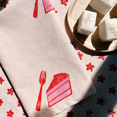 linen dinner napkins. cake on blush. hand block printed. placemats / tea towel. party. boho decor. hostess gifting. pink. 