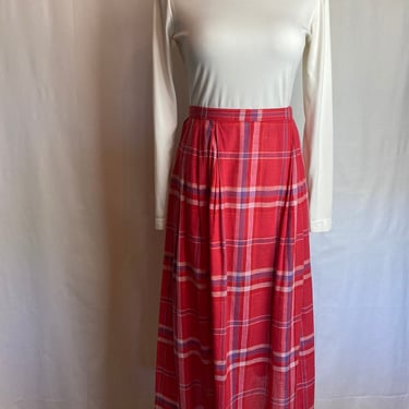 80’s Christian Dior cotton skirt Pockets Red plaid summer weight pleated fit n flare peasant skirts cottage core Size M 29” waist 