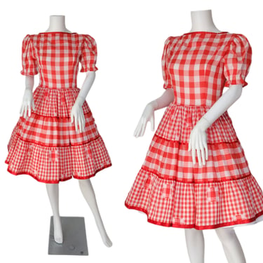 Alice of California 1960's Red Gingham Full Circle Skirt Square Dance Dress I Sz Med 