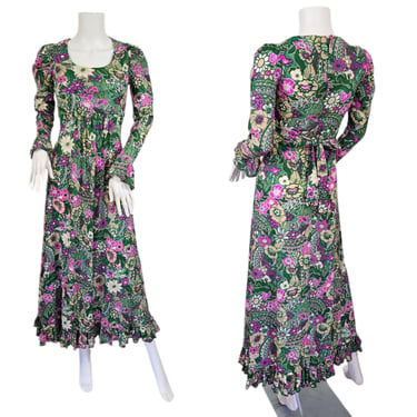 1970's Empire Waist Green Pink Floral Deer Print Poly Maxi Dress I Sz Sm I Tie Back 