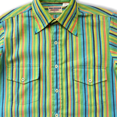 Vintage 1960s VAN HEUSEN Button-Up Shirt ~ M ~ Spearpoint / Dagger Collar ~ Striped ~ 