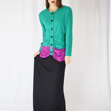 Vintage 1980s Oscar de la Renta Colorblock Gown | M | 80s/1990s  Green Purple and Black Full Length Wool Dress 
