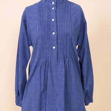 1970s Navy Blue & White Graph Pleated Front Shirt/Dress By Marimekko