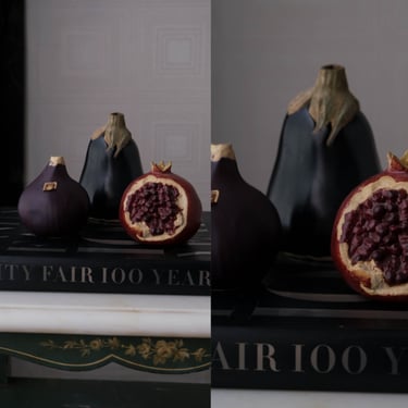 Vintage Ceramic Pomegranate, Eggplant & Purple Onion Table Figurine Set of 3 | Handmade in California | 1990s Y2K Ceramic Home Decor Set 