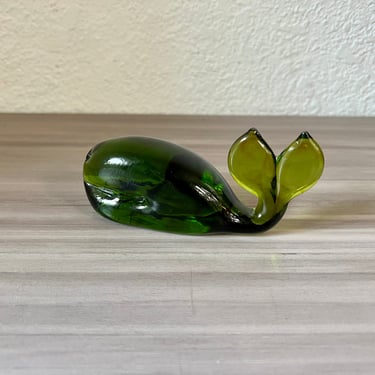 Vintage Viking Glass Whale, Green Glass, vintage midcentury modern glassware, Whale paper weight, Glass whale 