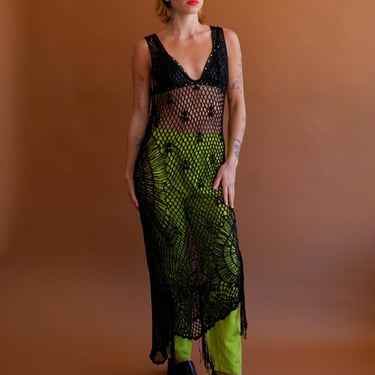 Vintage Black Sheer Crochet Net Dress with Tassels / Size Small Medium Large XL 