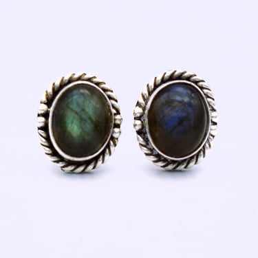 70's labradorite 925 silver oval studs, beaded rope edged sterling chatoyant green blue cab earrings 