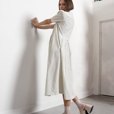 CHECKERED COTTON DRESS Vintage Maxi Short Sleeve Beige Casual House Dress Cotton 80's Puff Sleeves Homemade / Medium 