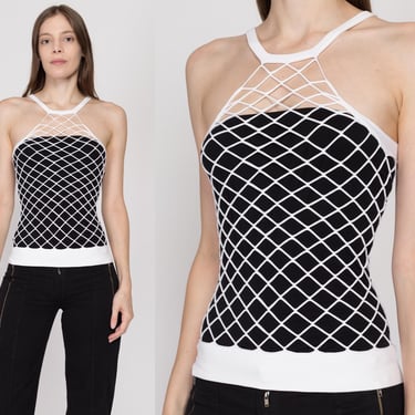 XS-Sm Y2K White Fishnet Mesh Tank Top | Vintage Racerback Sheer Stretchy Rave Festival Net Shirt 