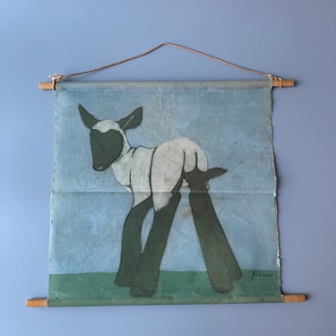 Vintage Batik-style Lamb on Canvas Wall Hanging 