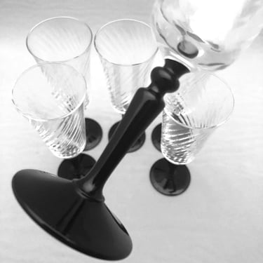8 Vintage fluted champagne glasses w/ black stems. Fancy French stemware for wedding toasts, sparkling wine, bellini cocktails & mimosas. 