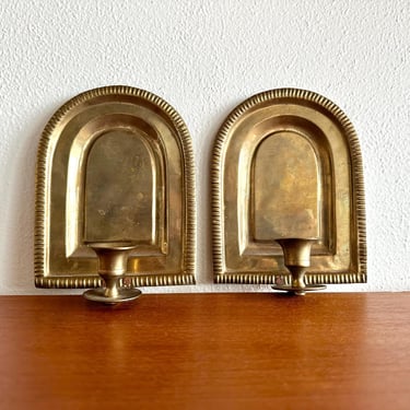 Vintage brass candle sconces / 1970s pressed brass boho wall decor 