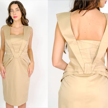 Vintage 90s ESCADA Khaki Tan Cotton Avant Garde Pleated Dress w/ Wide Asymmetrical Straps | Made in Slovenia | 1990s 2000s Designer Dress 