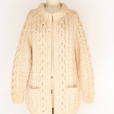 1970s Irish Wool Cardigan Fisherman Sweater Knit S 