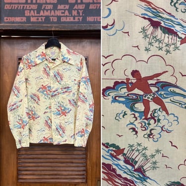 Vintage 1940’s Cartoon Spearfisher Tiki Tropical Cotton Long Sleeve Hawaiian Shirt, Original, Rare Print, 40’s Vintage Clothing 