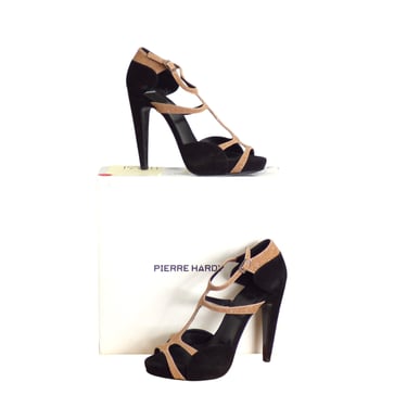 PIERRE HARDY- NIB Black & Tan Suede Strappy Sandals, Size 38