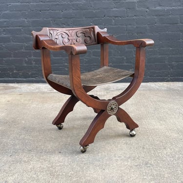 Vintage Savonarola Sculpted Wood & Leather Arm Office Chair, 1970s 