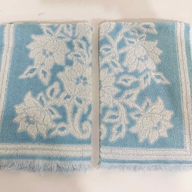 Vintage Fieldcrest Cotton Bathroom Hand Towel Set of 2 Pair Floral Baby Blue Mid-Century Sculptural Terrycloth 1970s 