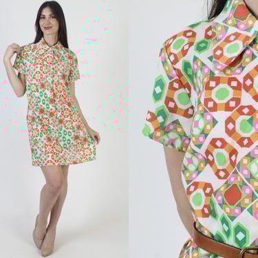 White Butterfly Collar Dress, Bright Geometric Print, Vintage 60s 70s Mini, Cocktail Party Shift 
