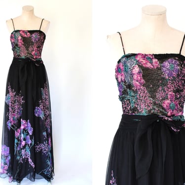 1970s Lillie Ruben Floral Chiffon Sash Gown - 70s Vintage Ruched Top Full Skirt Maxi Dress - XS - Small 