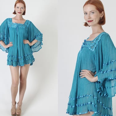 Turquoise Cotton Gauze Micro Mini Dress Teal Mexican Crochet Kimono Sleeves Lightweight Vacation Cover Up 