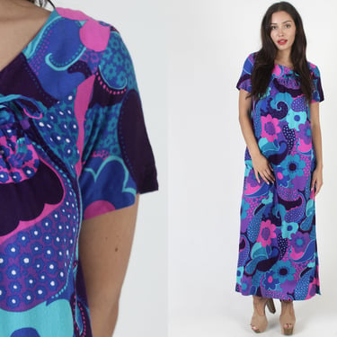 60s Pomare Tahiti Honolulu Hawaiian Maxi Dress, Vintage Designer Tropical Muu Muu Gown, Op Art Mod Colorful Material 