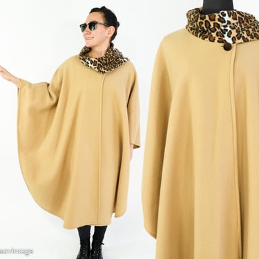 1980s Leopard Scarf Long Cape | 80s Tan Fleece Wrap | Preston & York | 