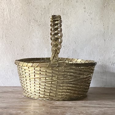 Brass Woven Basket, Vintage Solid Brass Large Basket with Braided Handle 