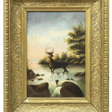 Antique Oil Painting on Canvas, Framed, "Stag in Stream", 1800s, Awesome!!