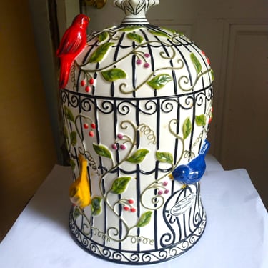 VINTAGE Bird Cage Cookie Jar, Clay Art Hand Painted Jar, Large Cookie Jar, Home Decor 