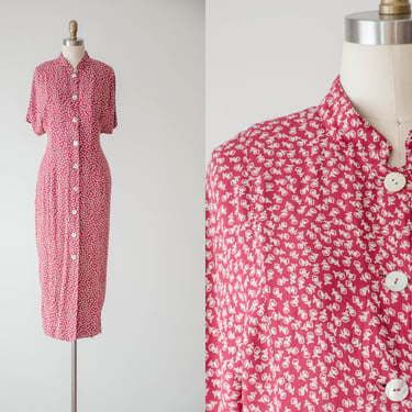 cute cottagecore dress | 80s 90s vintage red burgundy cream tulip floral loose button down long midi dress 