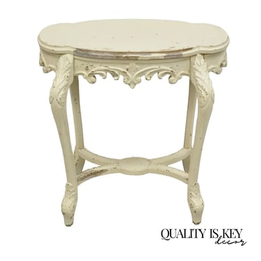 Vintage French Rococo Baroque Style White Distress Painted Oval Side Table