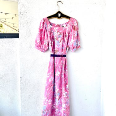 Vintage 70s Hawaiian Muumuu Prairie Folk Peasant Pink Dress Hawaii Caftan Floral 