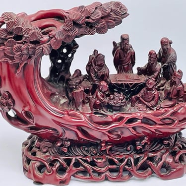 Vintage Eight Chinese Immortals Faux Cinnabar Red Resin Statue Boat Tree Intricate 9x6