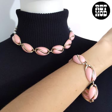 Precious Vintage 60s 70s Pastel Pink Link Necklace & Bracelet Set 