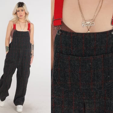 Striped Wool Overalls 80s Grey Bibs Dungarees Long Pants Workwear Winter Hunting Baggy Dungarees Vintage Red Large 