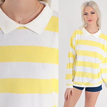 Yellow Striped Sweatshirt -- 80s White Collared Sweatshirt Retro Sweatshirt Athleisure Slouchy Pullover Vintage 1980s Large L 