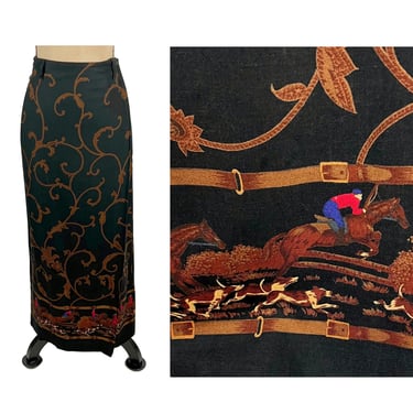 90s Equestrian Novelty Print Skirt M-L, Long Pencil Maxi Wrap Skirt with Fall Hunt Scene Border Rayon Wool Blend 1990s Clothes Women Vintage 