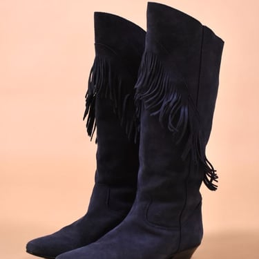 Navy Blue Suede Fringe Boots By Gianni, W8 1/2